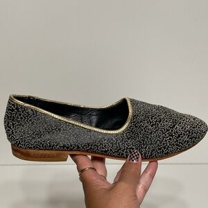 Leather and Gold Satin Detail Handmade Flat Loafers